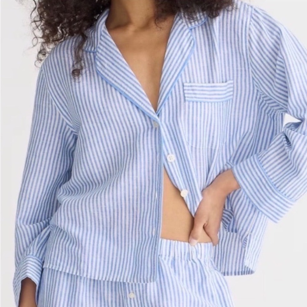 J.Crew Striped Linen Cotton Pajama Top Shirt Large L Blue Cool Coastal‎ Grandma